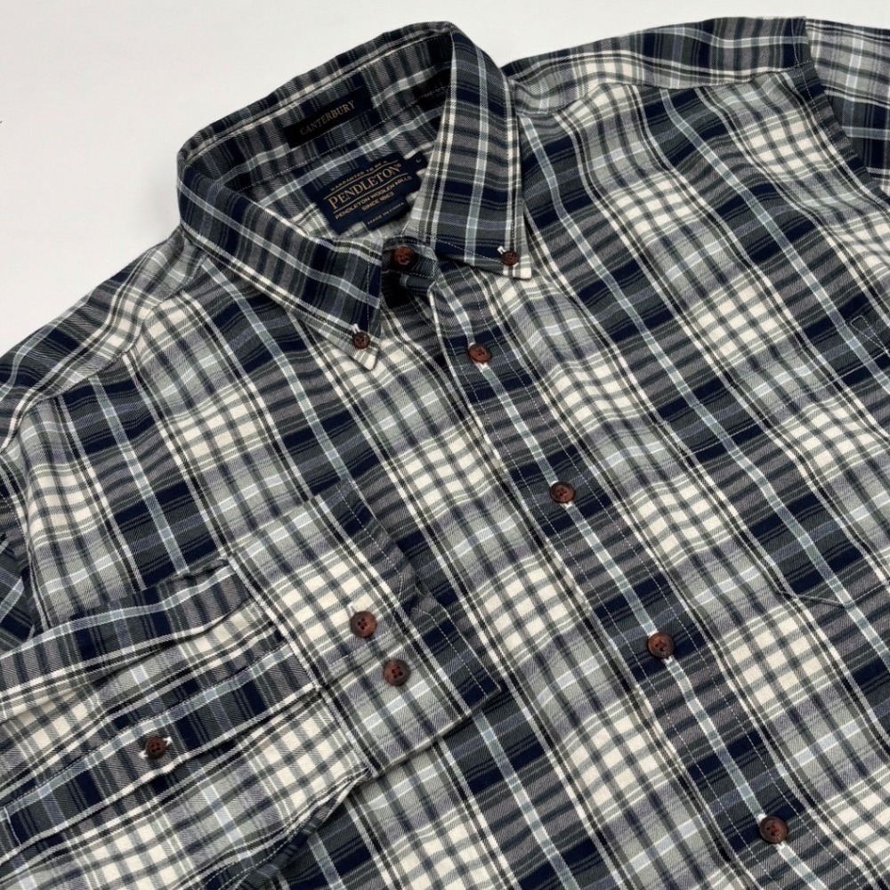 Pendleton Canterbury Men's Plaid Button Down Wool Blend Navy Shirt